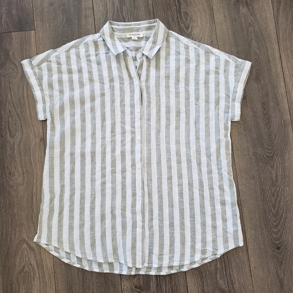 Beachlunchlounge White and Green Short Sleeve Button Down Shirt Linen Blend - Picture 1 of 7